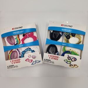 Set Of 2 Dolfin Kids Unicorn and Shark 3-in-1 Swim Goggles - Pink, Blue, Black